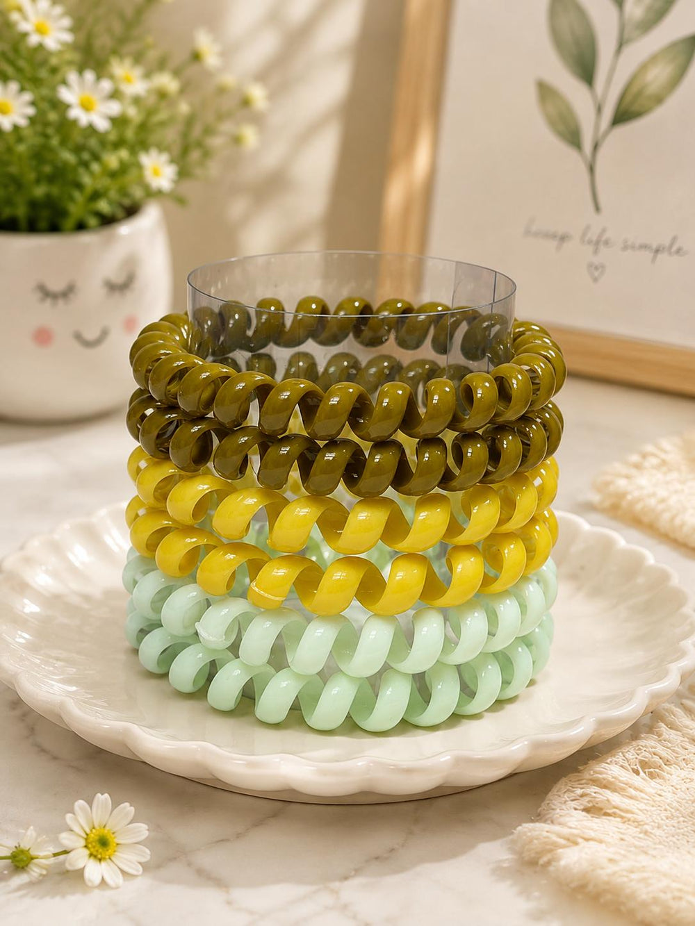 Spiral hair ties olive yellow mint