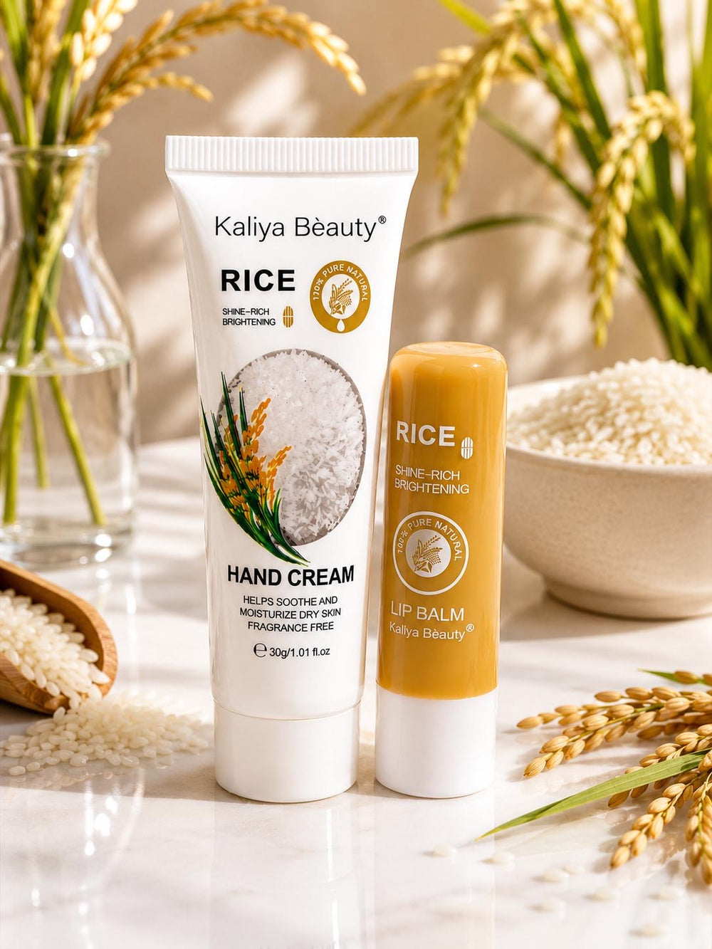Kaliya Beauty Rice hand cream and lip balm with rice plants