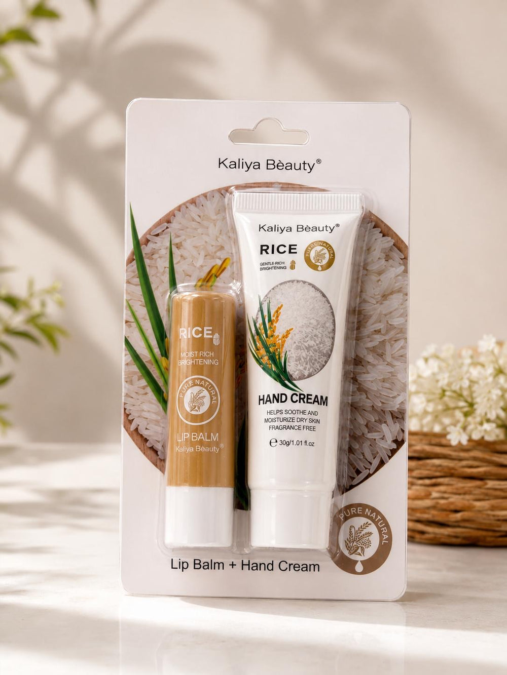 Kaliya Beauty Rice hand cream and lip balm packaged
