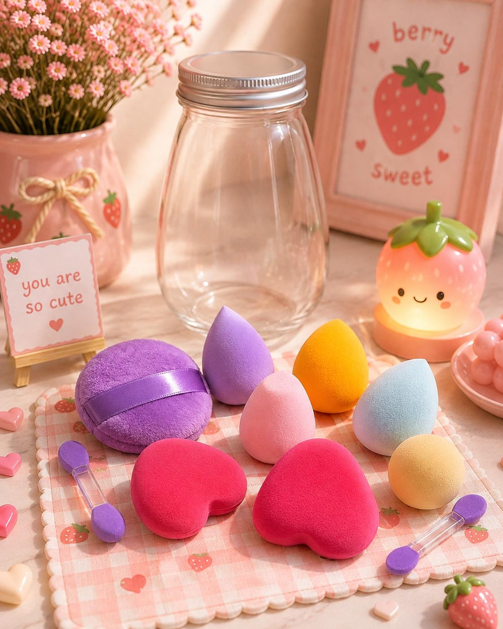 Beauty blender sponges with jar and case