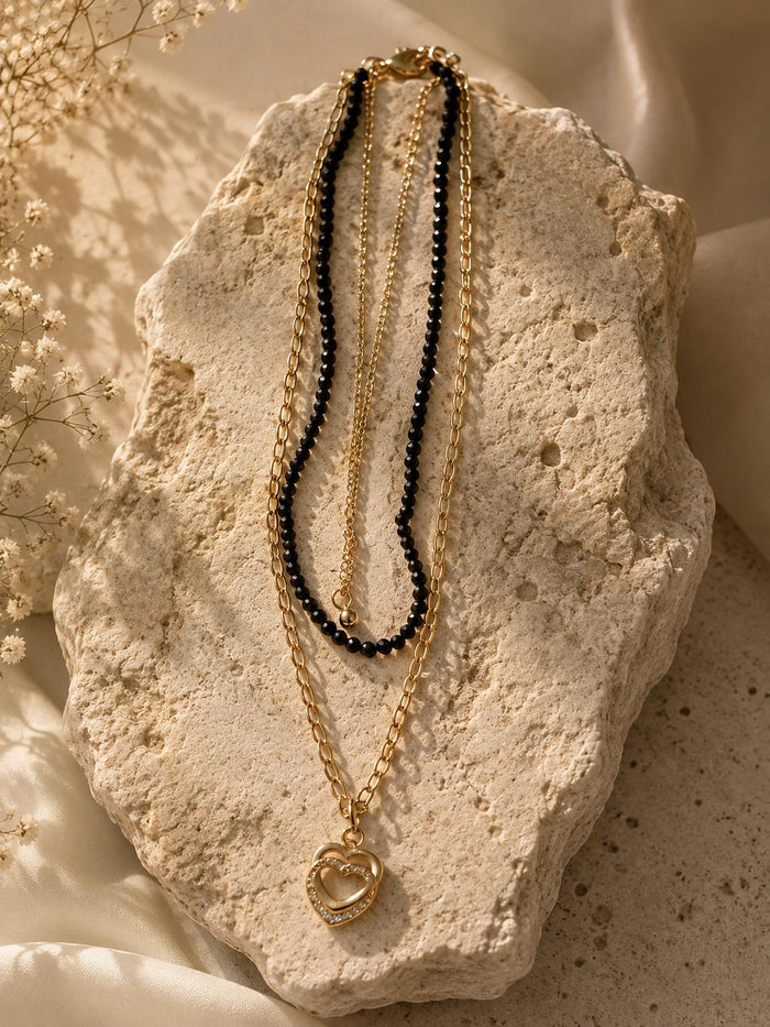 Black Bead Heart Pendant Necklace