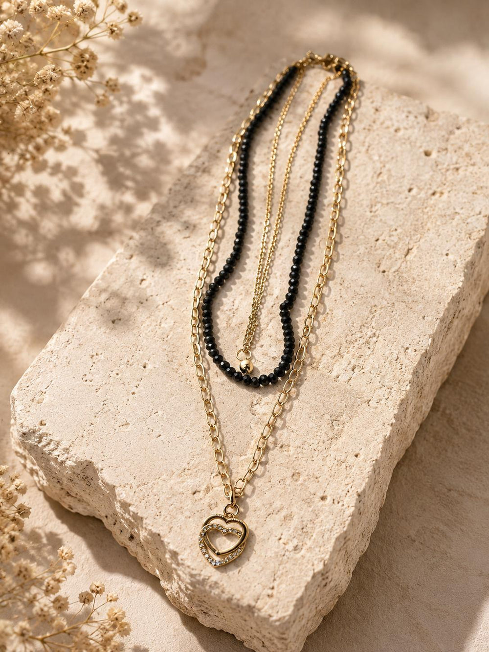 Black Bead Heart Pendant Necklace