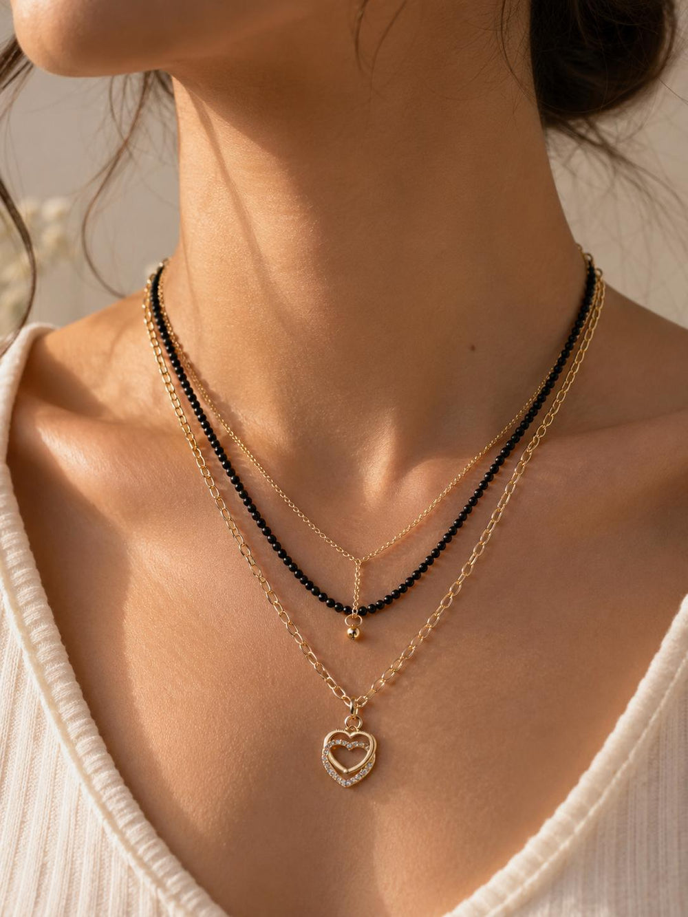 Black Bead Heart Pendant Necklace