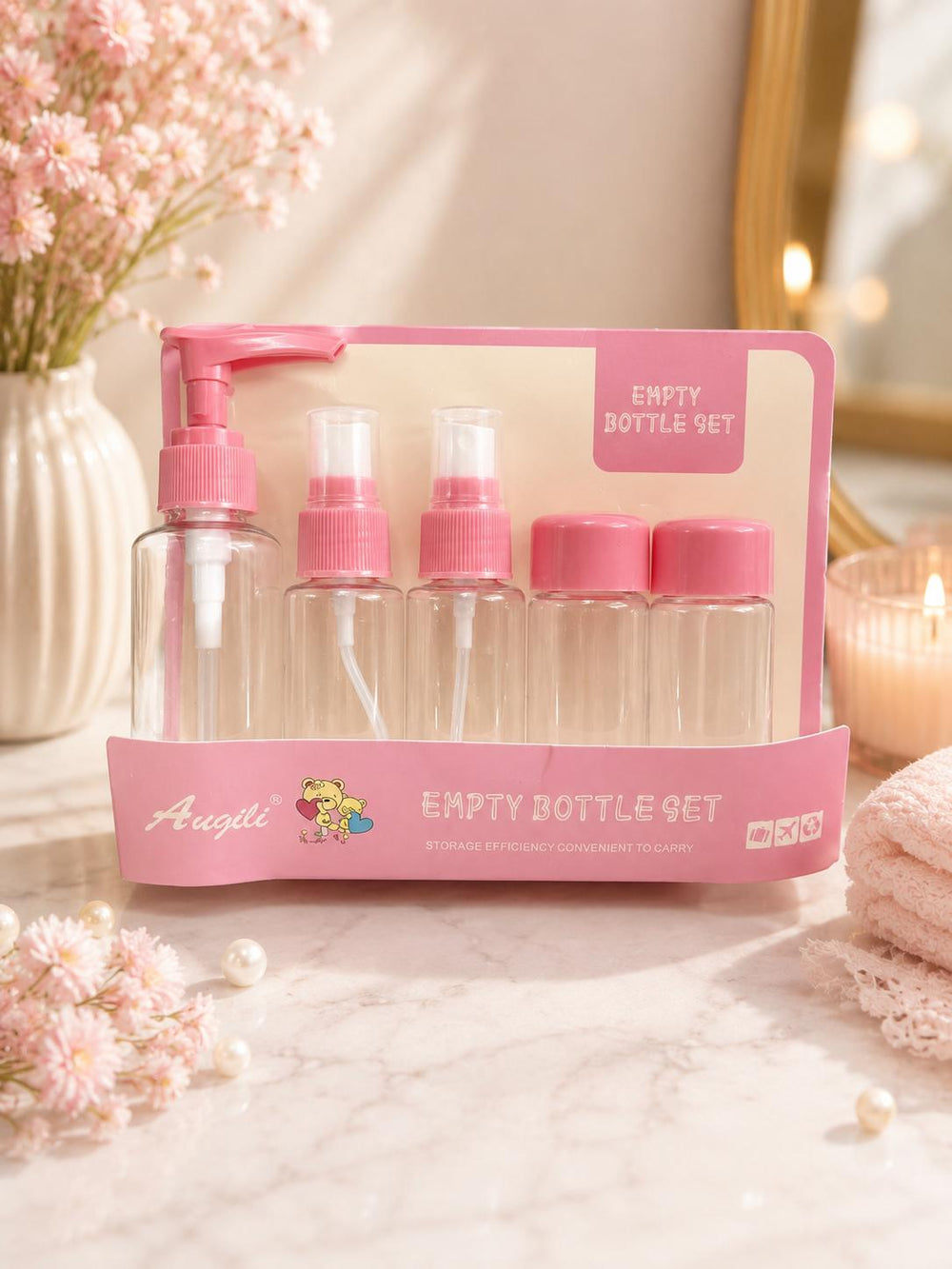 Travel bottle set pink packaged