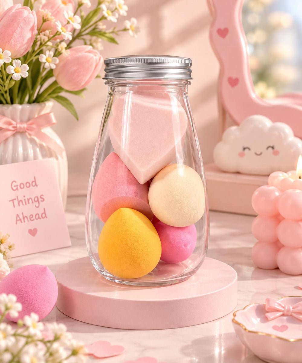 Beauty blender sponges in glass jar pastel