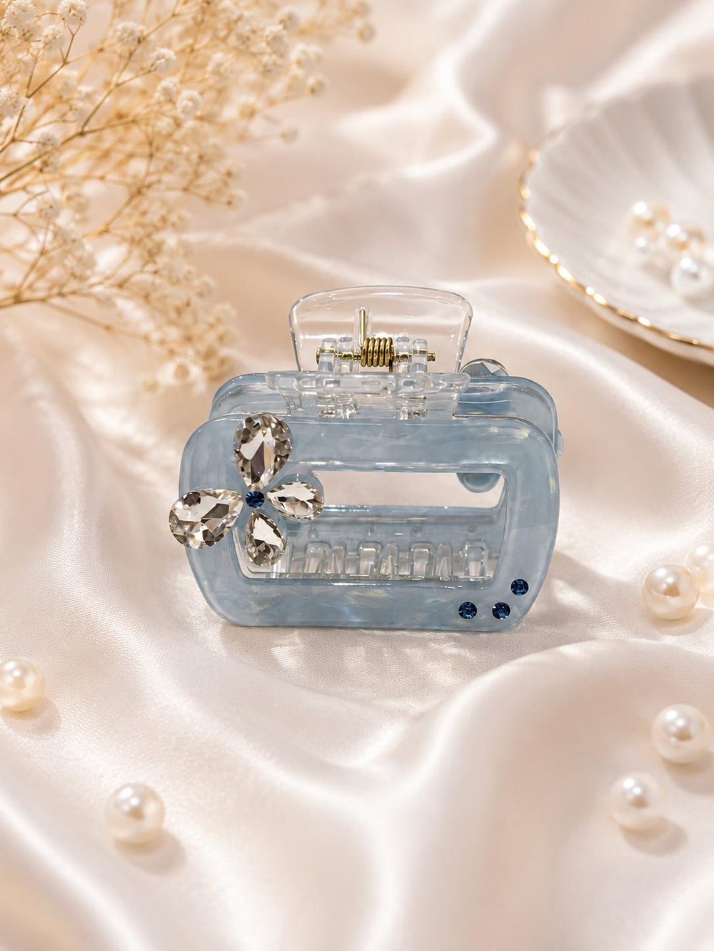 Crystal flower claw clip blue