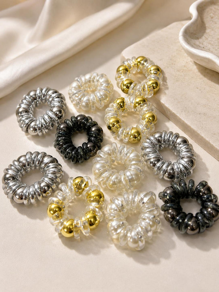 Metallic bead spiral hair ties in box