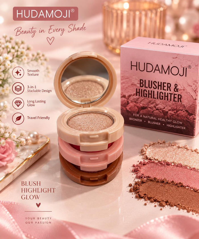HUDAMOJI 3-in-1 Blusher & Highlighter Stack