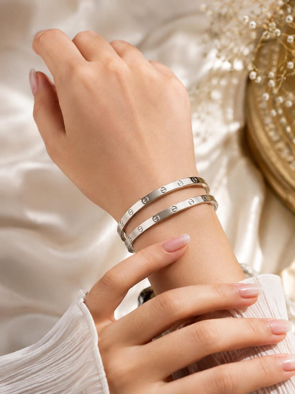 Love screw bangle bracelet on wrist
