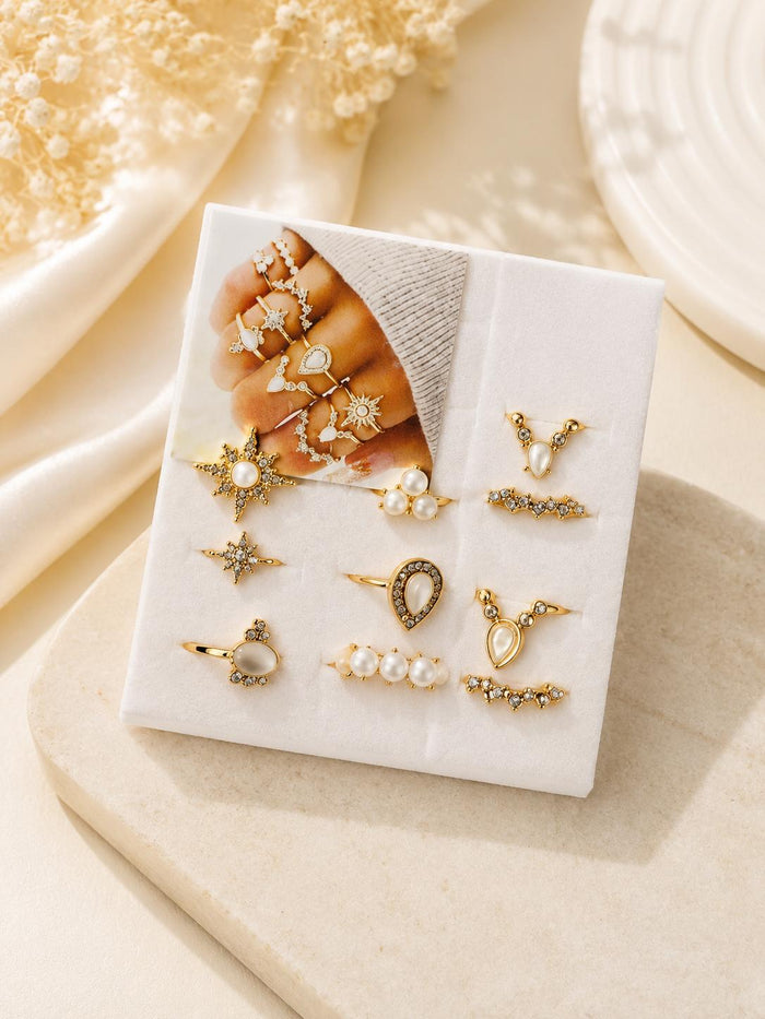 Gold pearl boho rings 9-piece set on card