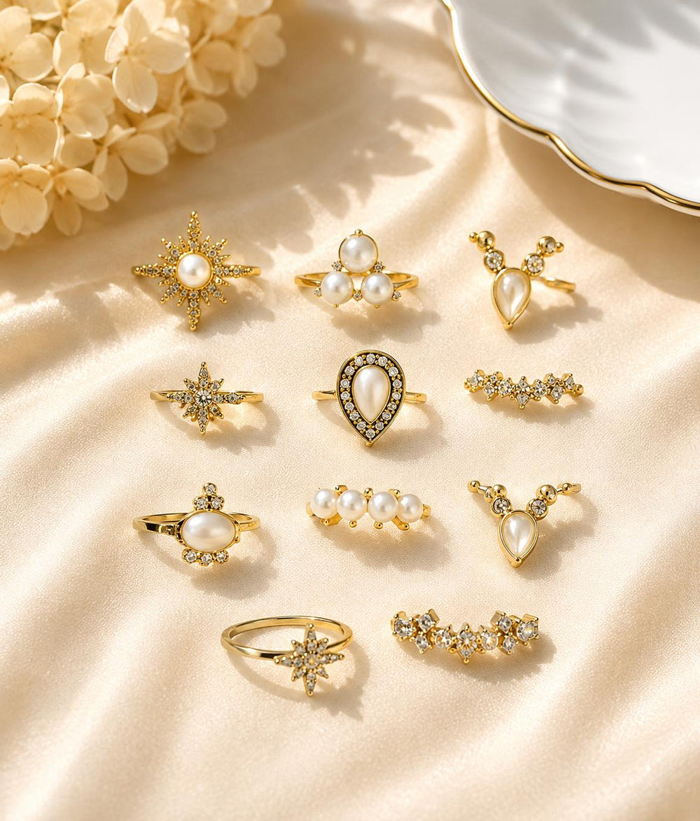 Gold pearl boho rings flatlay