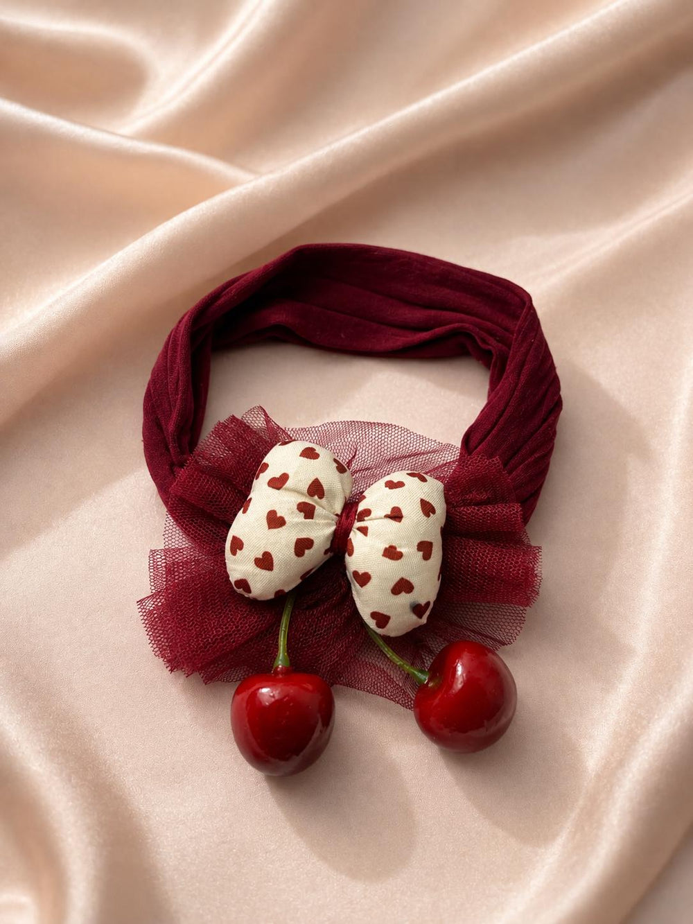 Cherry charm bow headband burgundy
