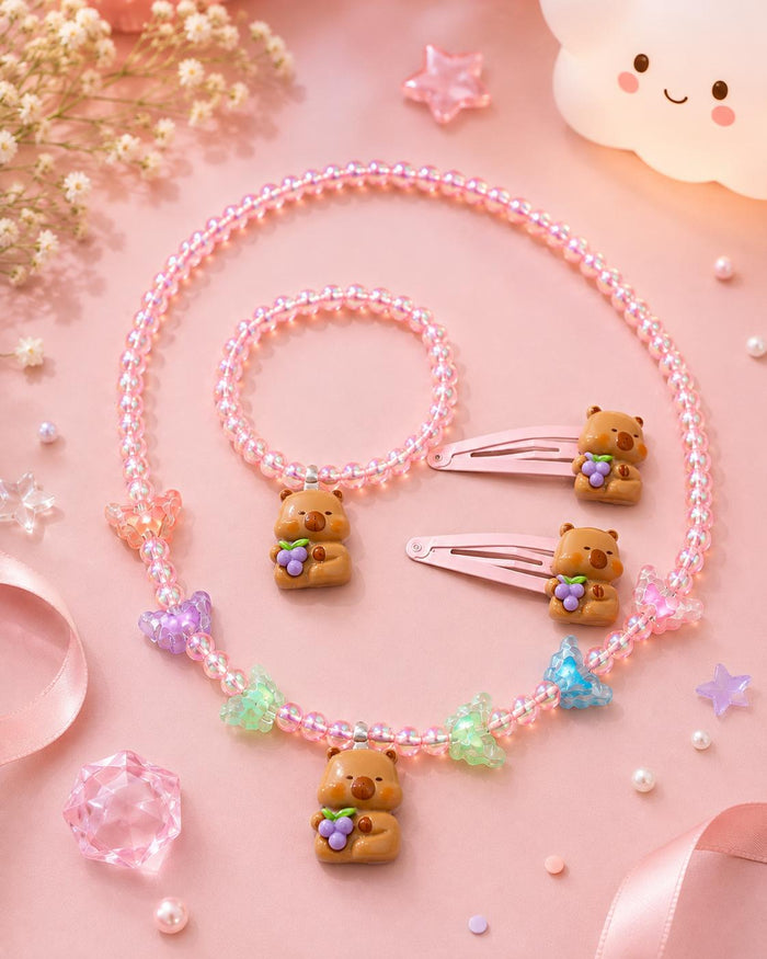 Bear charm jewelry set flatlay