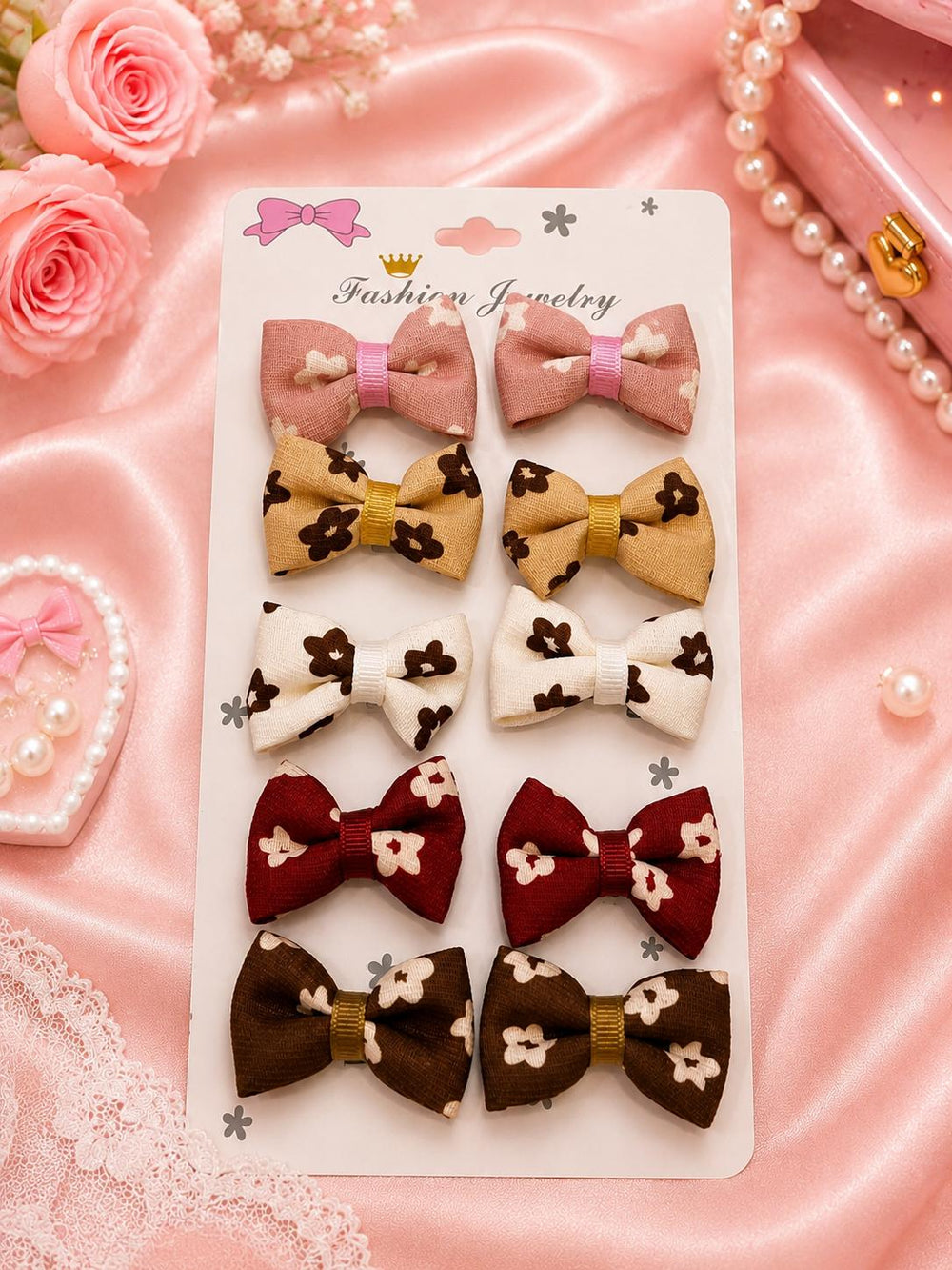 Floral print bow hair clips 10-pack