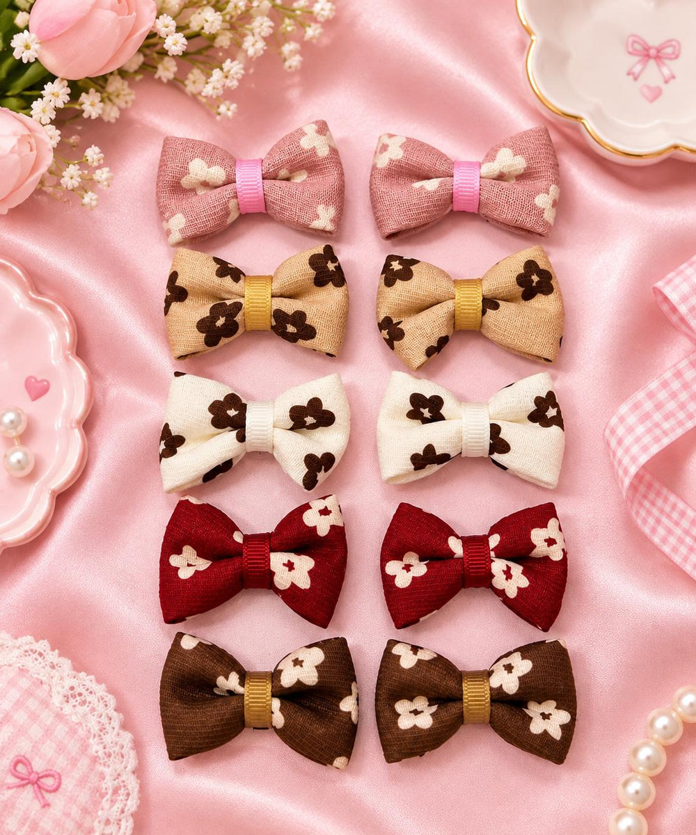 Floral print bow hair clips 10-pack angle