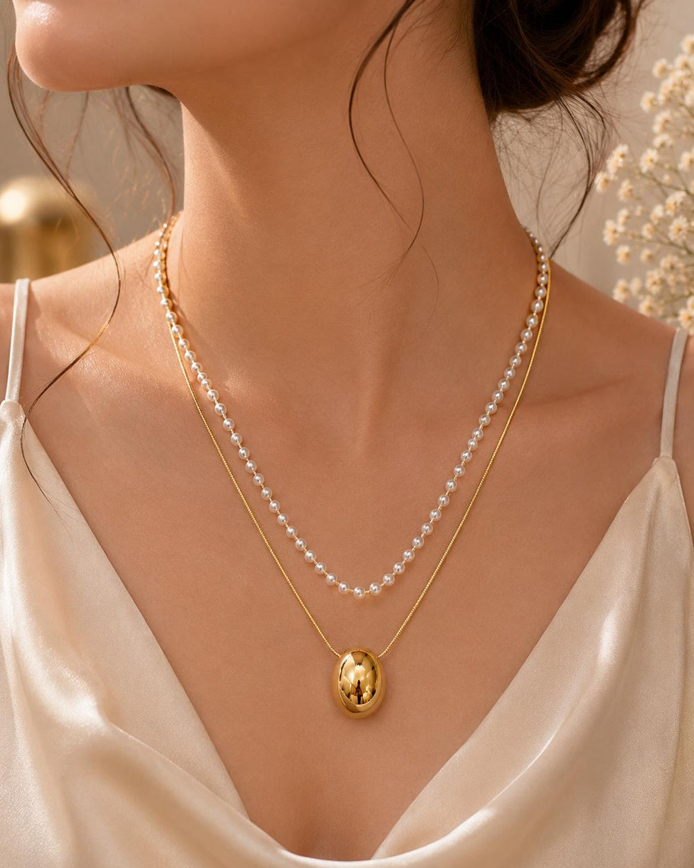 Gold Oval Pendant Pearl Necklace
