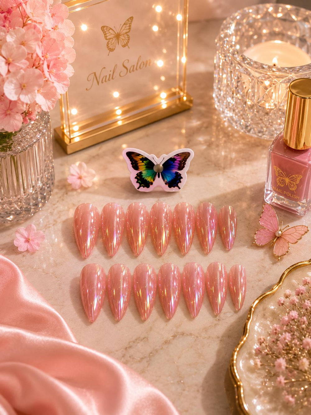 Chrome Almond Press-On Nails - Pink
