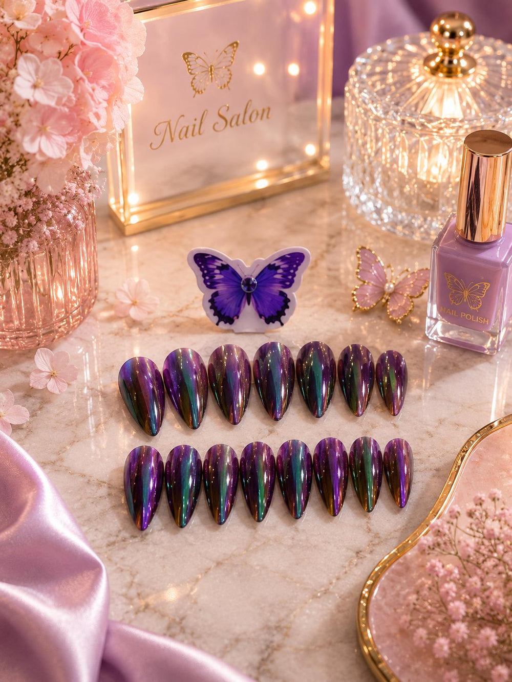 Chrome Almond Press-On Nails - Purple Galaxy