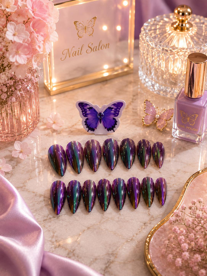 Chrome Almond Press-On Nails - Purple Galaxy