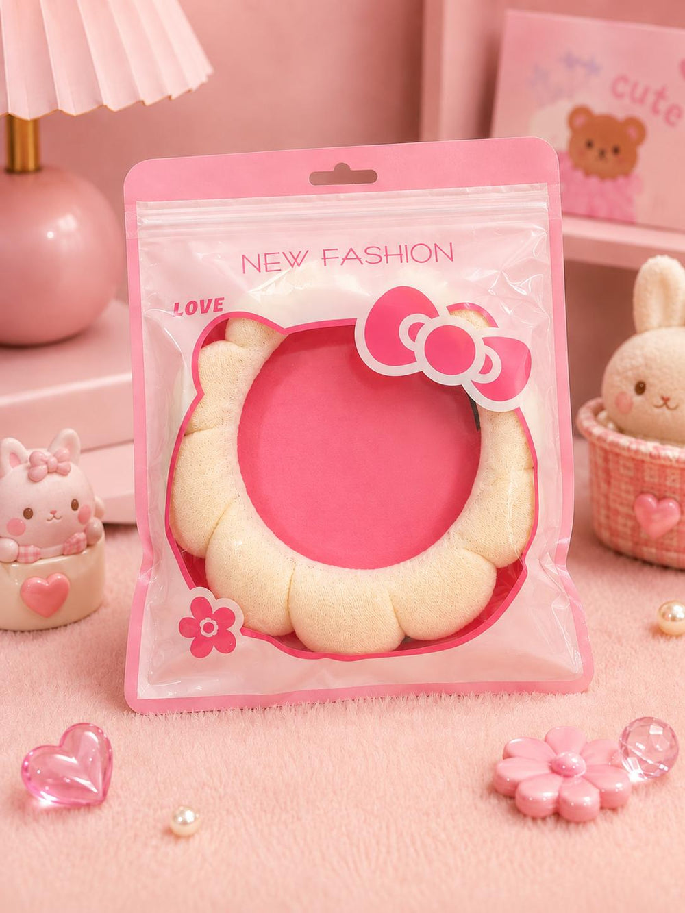 Cream cloud puff spa headband in packaging