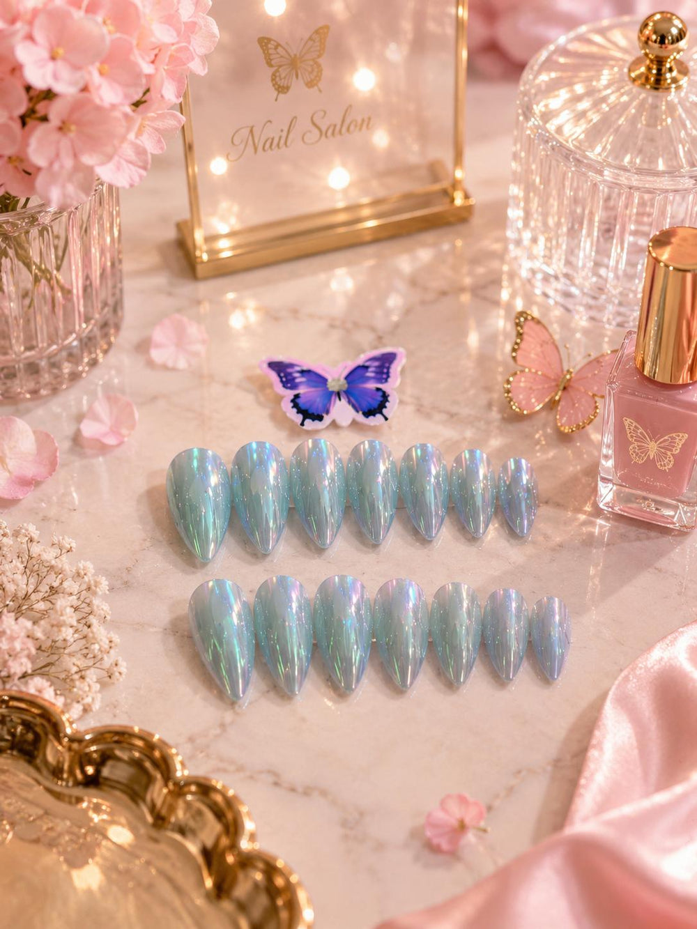 Chrome Almond Press-On Nails - Teal