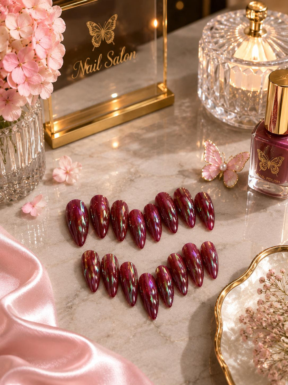 Chrome Almond Press-On Nails - Wine Gold-Streak